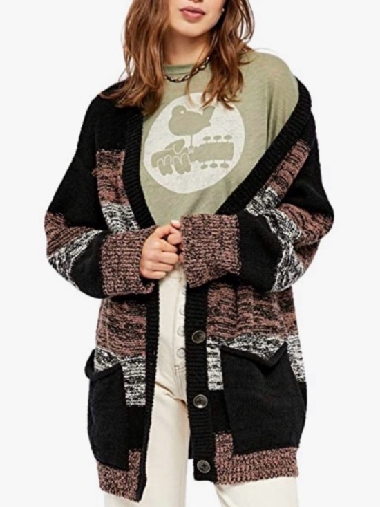 Free People Sweaters - Free People Southport Beach Cardigan Black Mauve Color-Block Striped Oversized